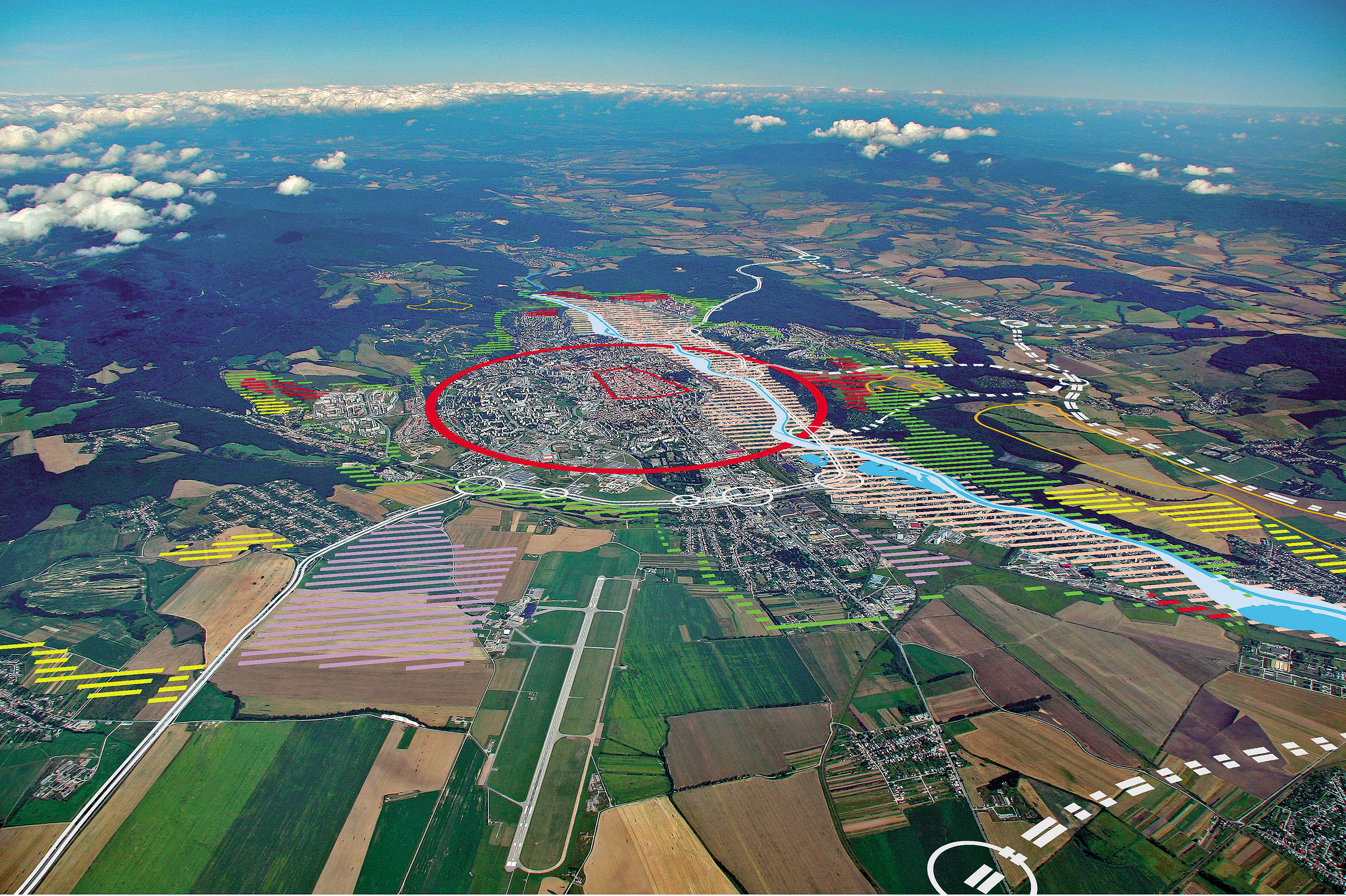 Odmenený návrh skupiny Casua: prognóza hlavných smerov rozvoja mesta Košice so zobrazením na leteckej fotografii mesta