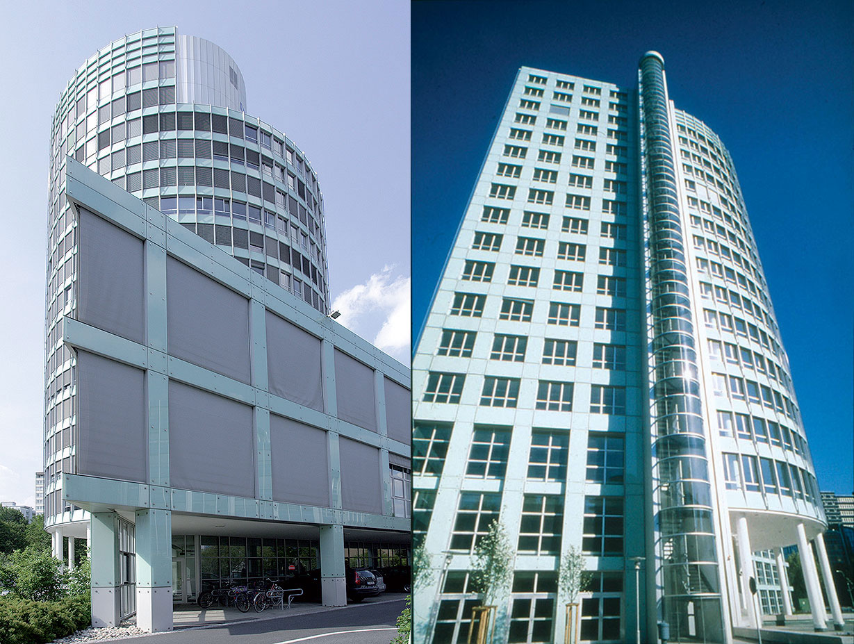 Administratívna budova – Frankfurt n./M.  – Eschborn, 1998 – 2003 (s AIC)  Budovu autori koncipovali ako viacúčelovú s novými technológiami. Deutsche Bank prevzala túto budovu a nové nároky na jej využitie boli relatívne ľahko realizované.  Foto: AIC