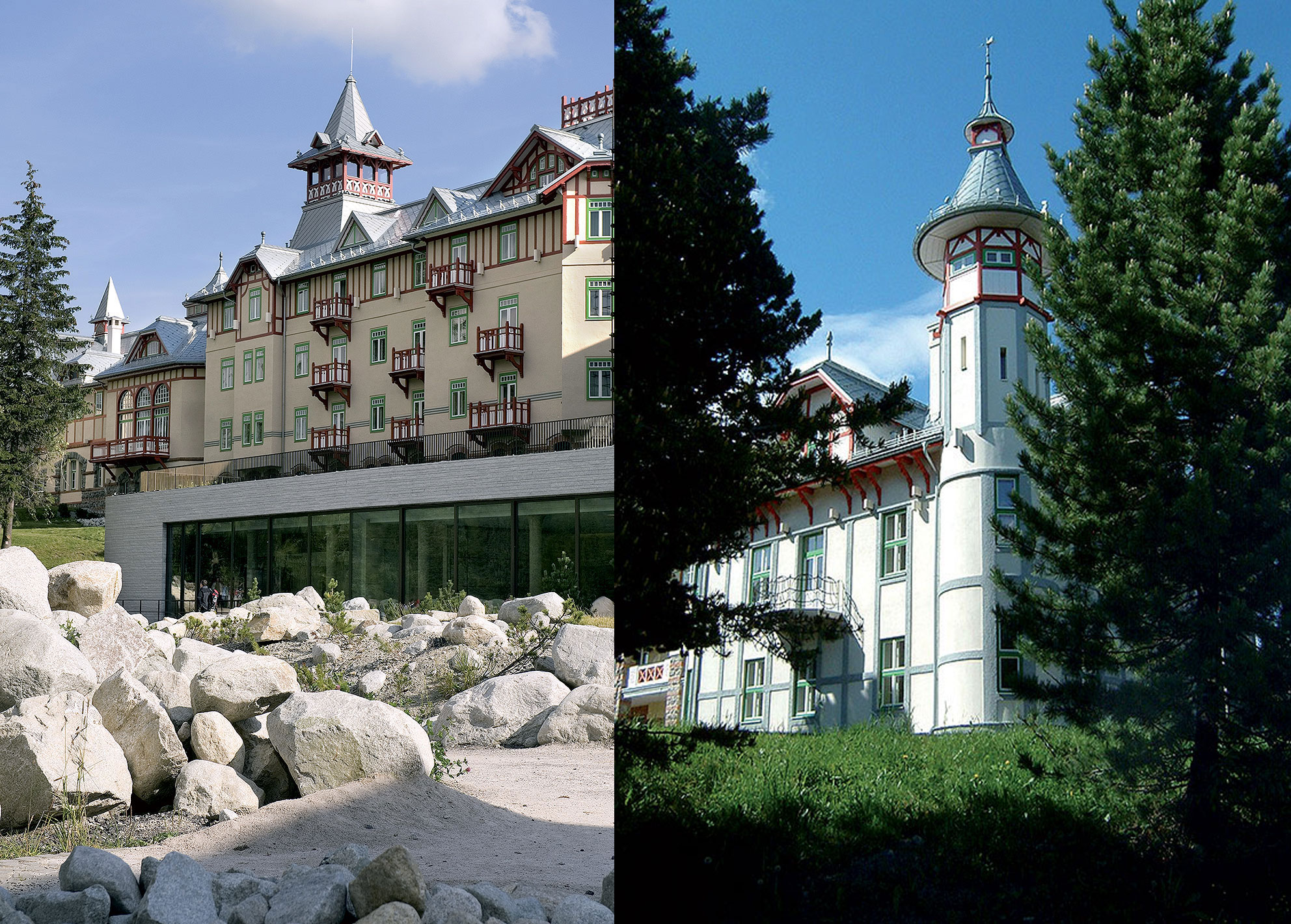 Grand Hotel Kempinski High Tatras, Štrbské pleso  2010 (s M. Černom, G. Maiom)  Rekonštrukcia pamiatkovo chráneného komplexu budov na území Tatranského národného parku. Úlohou bolo urobiť z budov na úrovni lepšej “turistickej ubytovne” päťhviezdičkový hotel.  Foto: FELIX L. STECK