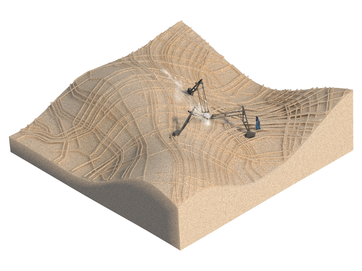 Prvá fáza – tvorba stabilizačnej siete na povrchu duny, táto sieť by mala zároveň po odkopaní vnútra duny plniť statickú funkciu.