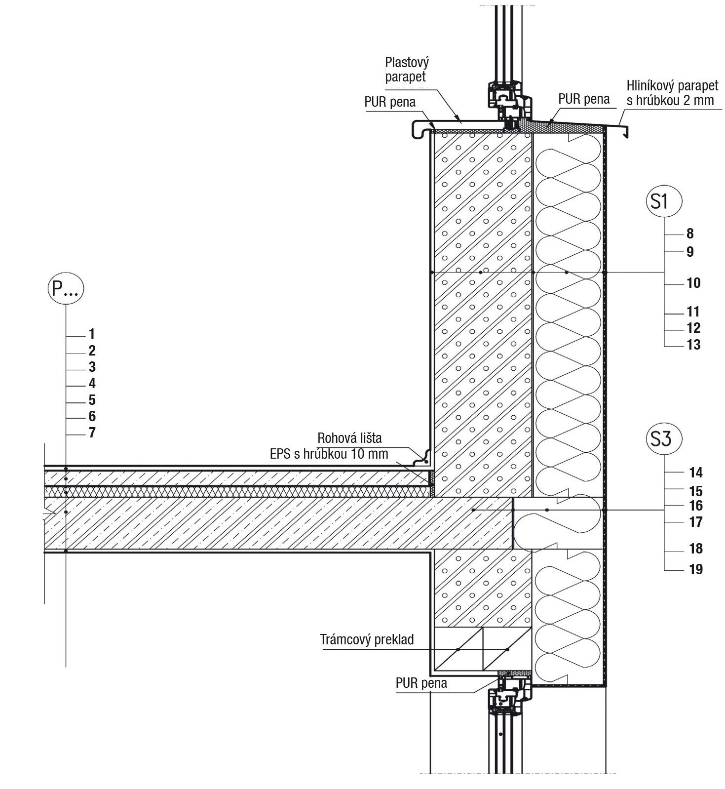 Detail realizácie tepelnej izolácie pri stropnej konštrukcii, nadpraží a parapete