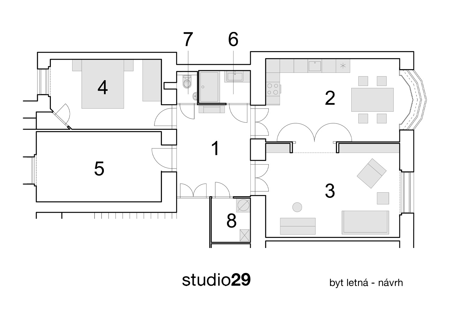 Půdorys po přestavbě: 1 - vstupní hala, 2 - kuchyně s jídelnou, 3 - obývací pokoj, 4 - ložnice, 5 - budoucí dětský pokoj, 6 - koupelna, 7 - WC, 8 - technická místnost