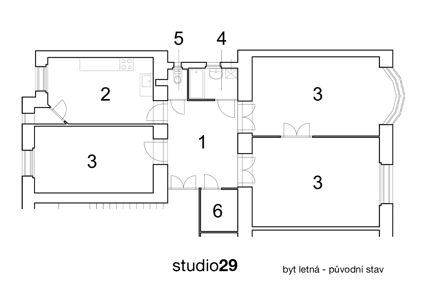 Původní stav: 1 - vstupní hala, 2 - kuchyně, 3 - pokoj, 4 - koupelna s kotlem, 5 - WC, 6 - komora