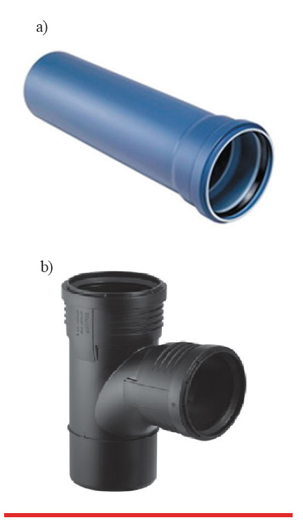Obr. 5 Príklady protihlukových kanalizačných systémov a) potrubie POLO-KAL NG [7], b) jednoduchá odbočka Silent-PP [5]