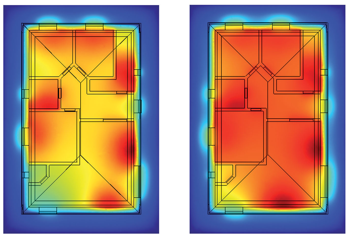 Obr. 7 Porovnanie tepelnej pohody (homogenita teploty): simulácia projektového vykurovacieho systému (vľavo), vykurovací systém navrhnutý genetickým algoritmom (vpravo)