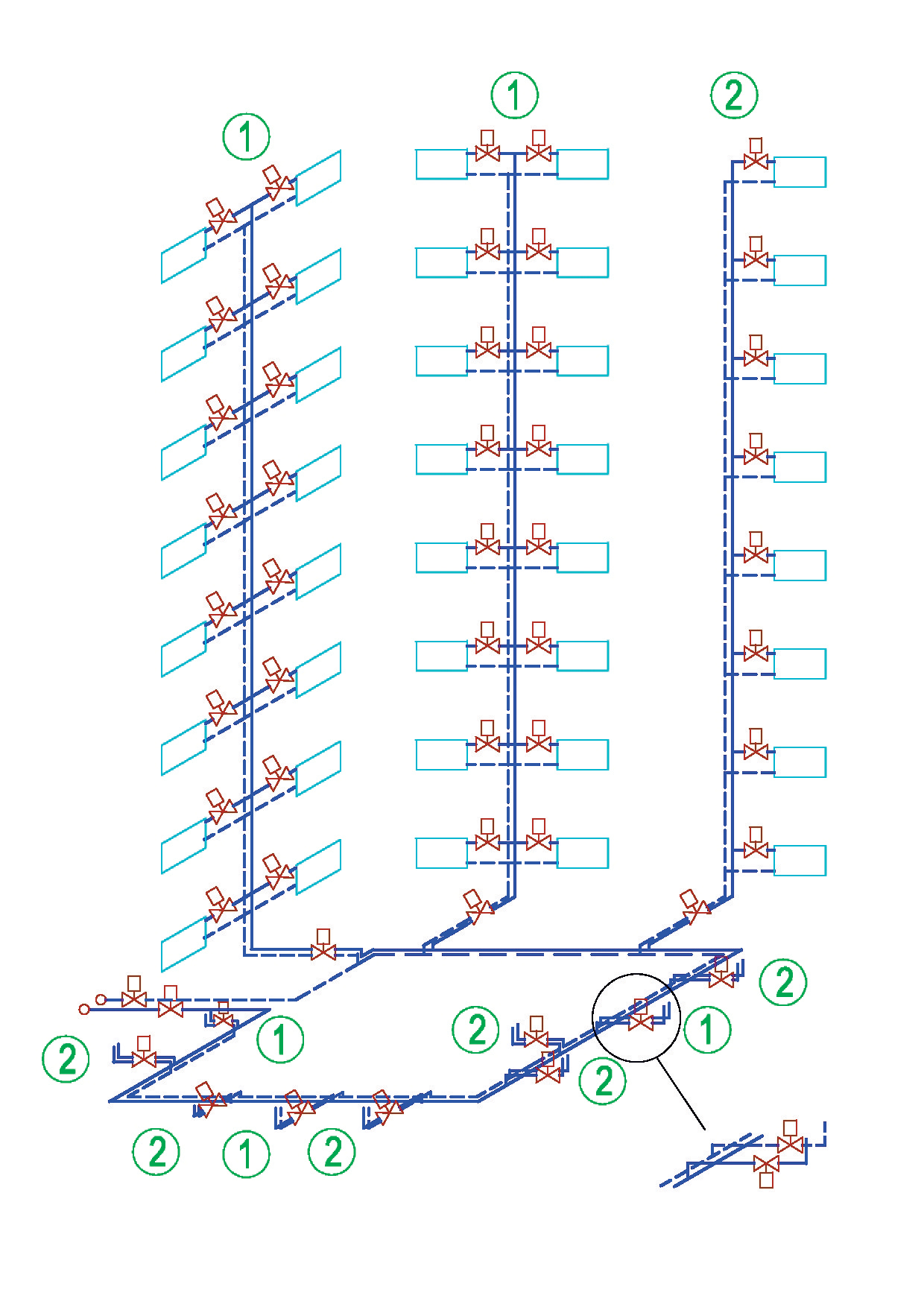 Obr. 1: Model teplovodnej vykurovacej sústavy s vyznačeným typom stúpacích potrubí a s označeným miestom osadenia regulačných armatúr;1 – stúpacie potrubie s obojstranným pripojením vykurovacích telies, 2 – stúpacie potrubie s jednostranným pripojením vykurovacích telies