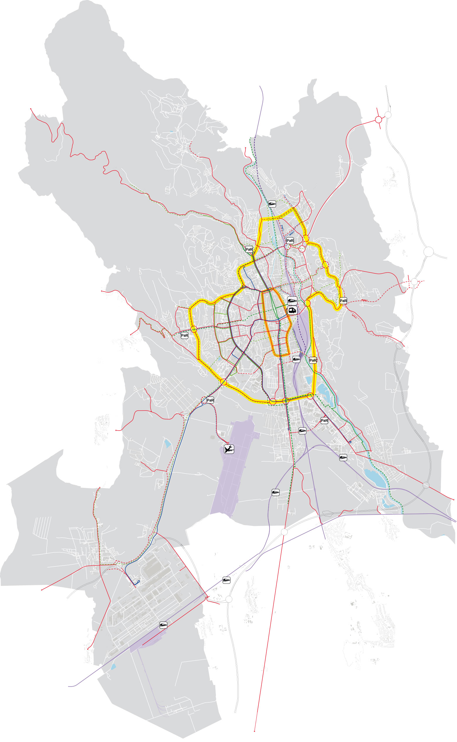 Návrh dopravy vo variante B pracuje so spriechodnením mesta a zmenou mestských rýchlostných komunikácií na vnútromestské bulvári.