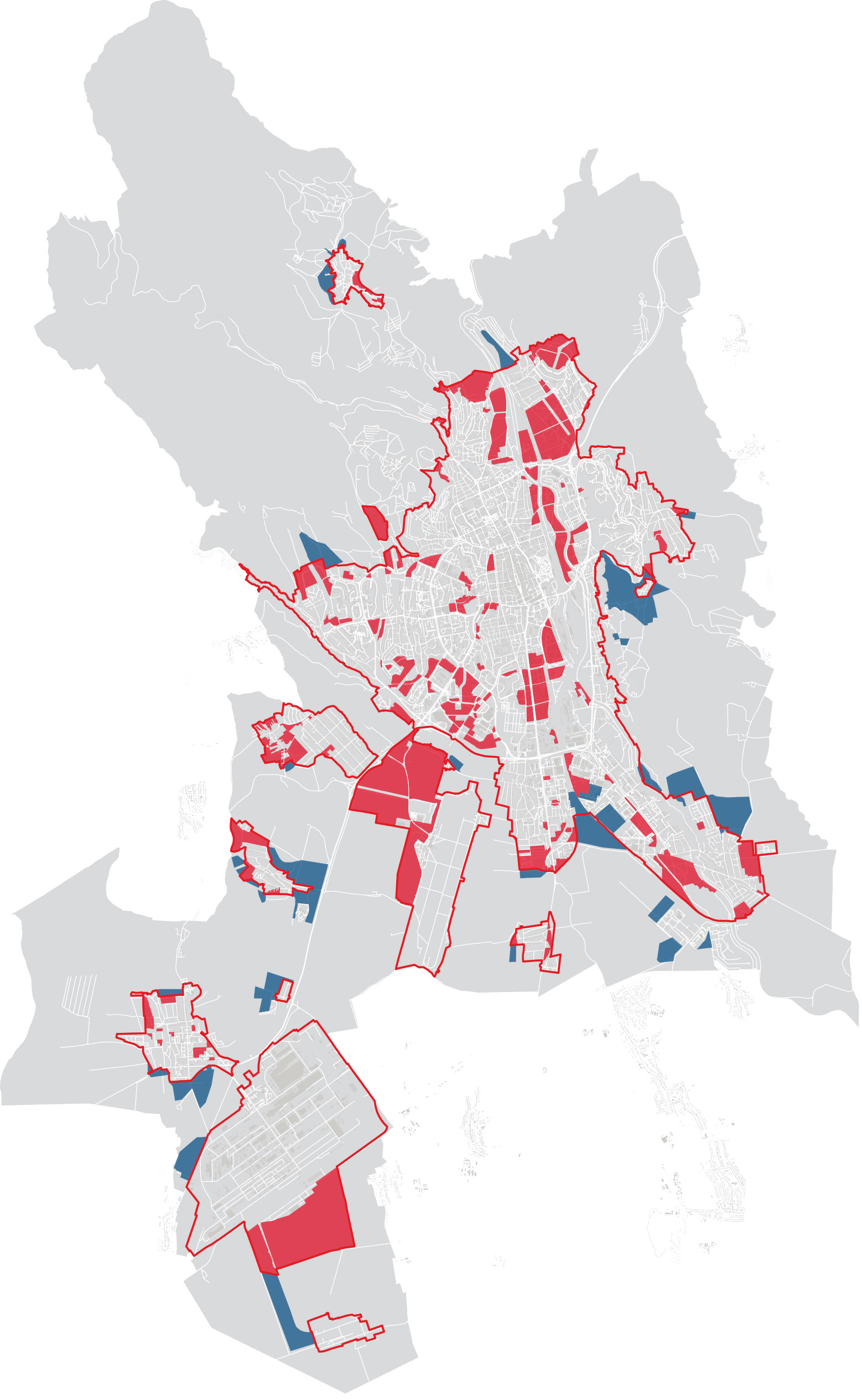 Variant A kompaktného mesta. Červené plochy predstavujú územie začlenené do rozvoja modré naopak vylúčené z rozvoja. Červená línia predstavuje neprekročiteľnú hranicu kompaktného mesta.