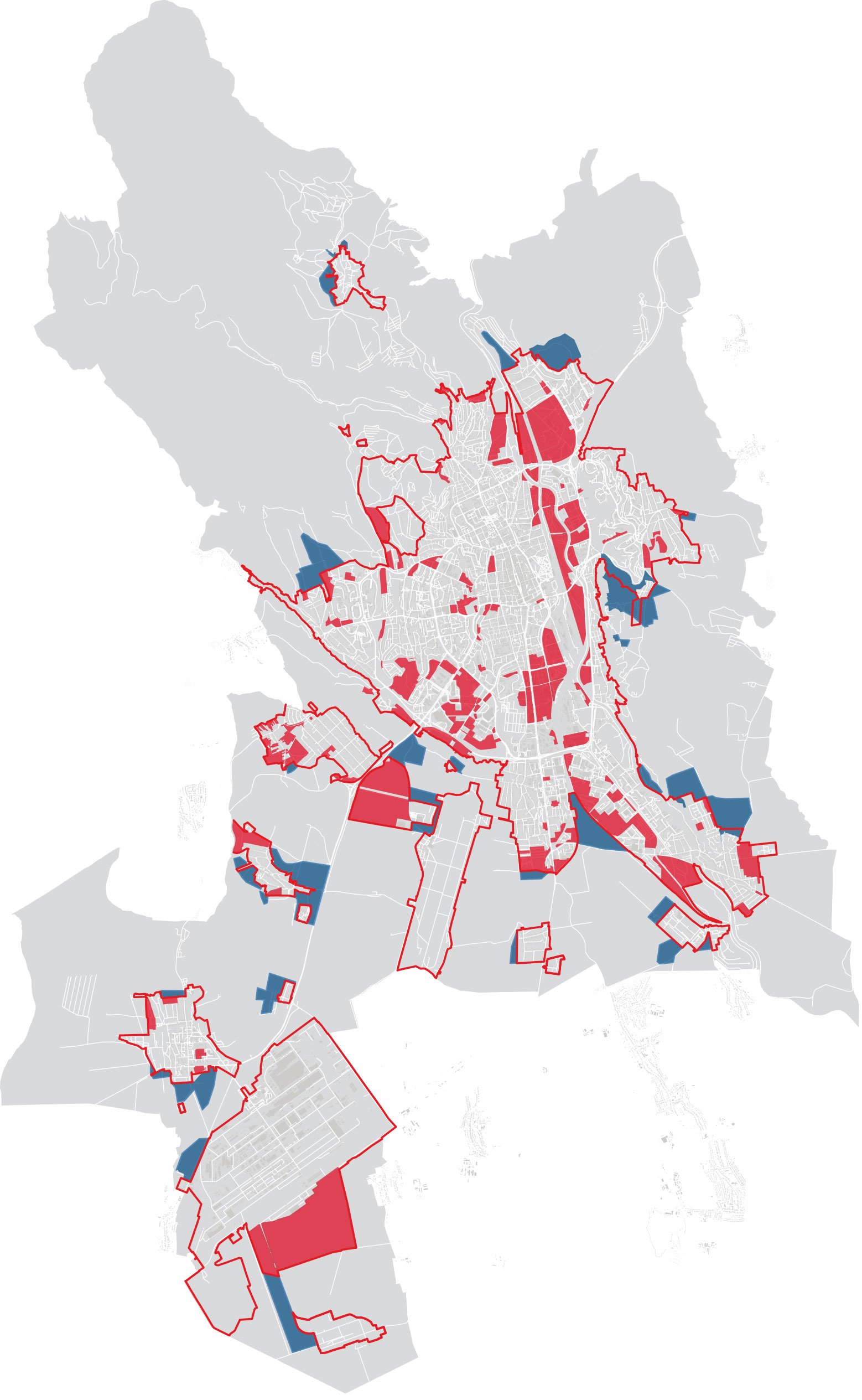 Variant B návrhu kompaktného mesta. Červené plochy predstavujú územie začlenené do rozvoja modré naopak vylúčené z rozvoja. Červená línia predstavuje neprekročiteľnú hranicu kompaktného mesta.