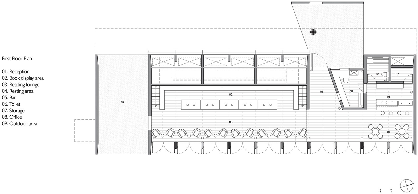Pôdorys 1. NP.
01 recepcia, 02 expozícia kníh na stoloch, 03 „obývačka“ čitárne, 
04 oddychová zóna, 05 kaviareň, 06 toaleta, 07 sklad, 08 kancelária, 09 pasáž
