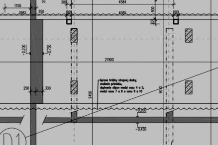 Obr. 1 Riešenie zmeny nosného systému zo stĺpového na stenový v stropnej konštrukcii pomocou obmedzeného zhrubnutia časti stropnej konštrukcie