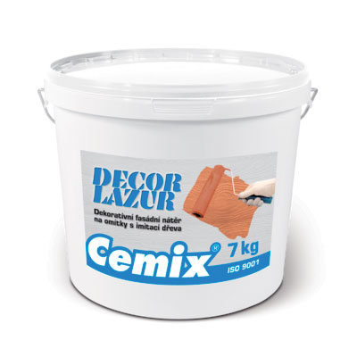 Lazúrový náter 
Dekoratívny náter na zvýraznenie štruktúry dreva vytvorenej omietkou Cemix Decor Lazur. Vhodný na netradičné a kreatívne stvárnenie fasád, ľahko spracovateľný, na okamžité použitie, priepustný pre vodnú paru a vysoko vodoodpudivý, stála farebnosť, odolný proti znečisteniu povrchu. Odtiene: borovica, pínia, dub, čerešňa, orech, palisander a mahagón.