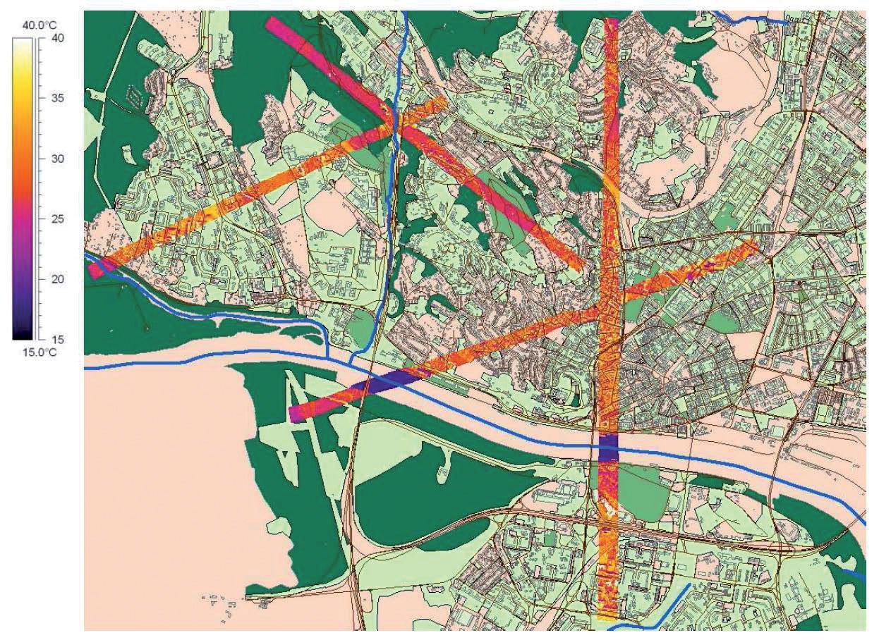 Termovízne snímkovanie územia Bratislavy ukazujúce štyri koridory zalietania (REC Slovensko, Fotomap, s. r. o., 2007)