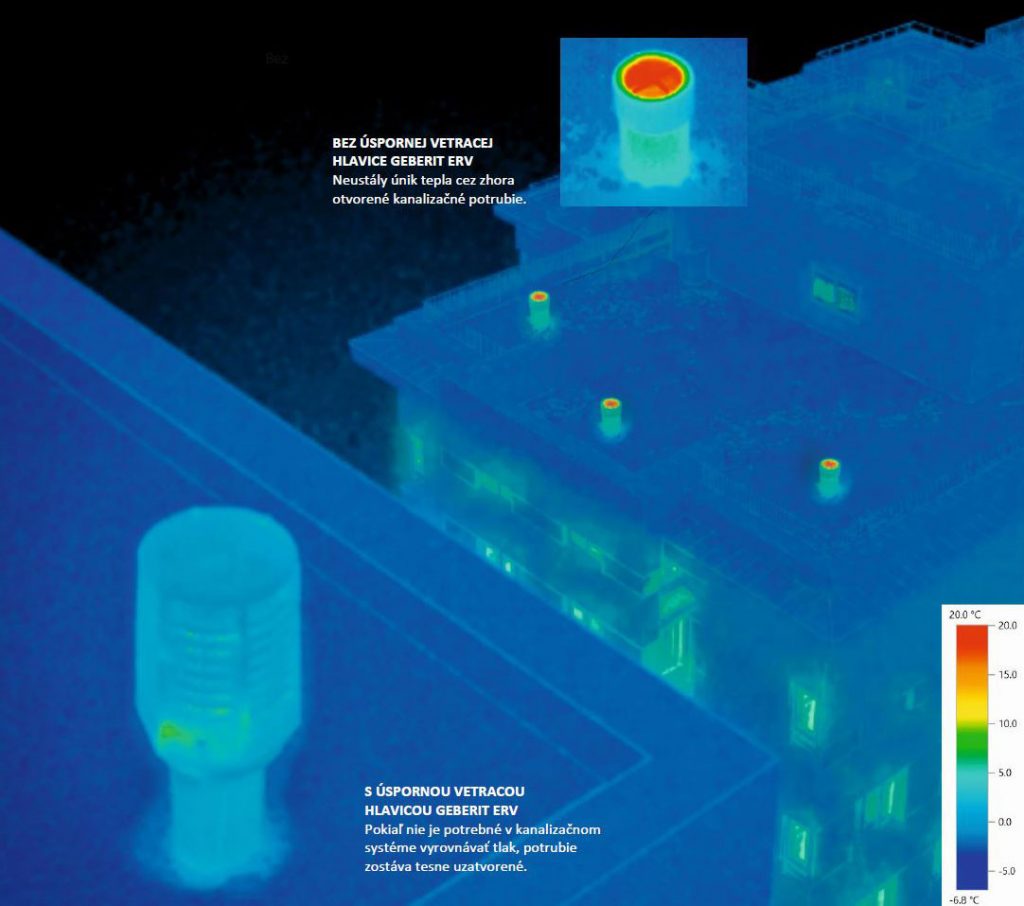 Termosnímka strechy – porovnanie vyústenia kanalizácie nad strechu s otvoreným koncom a s úspornou vetracou hlavicou Geberit ERV.