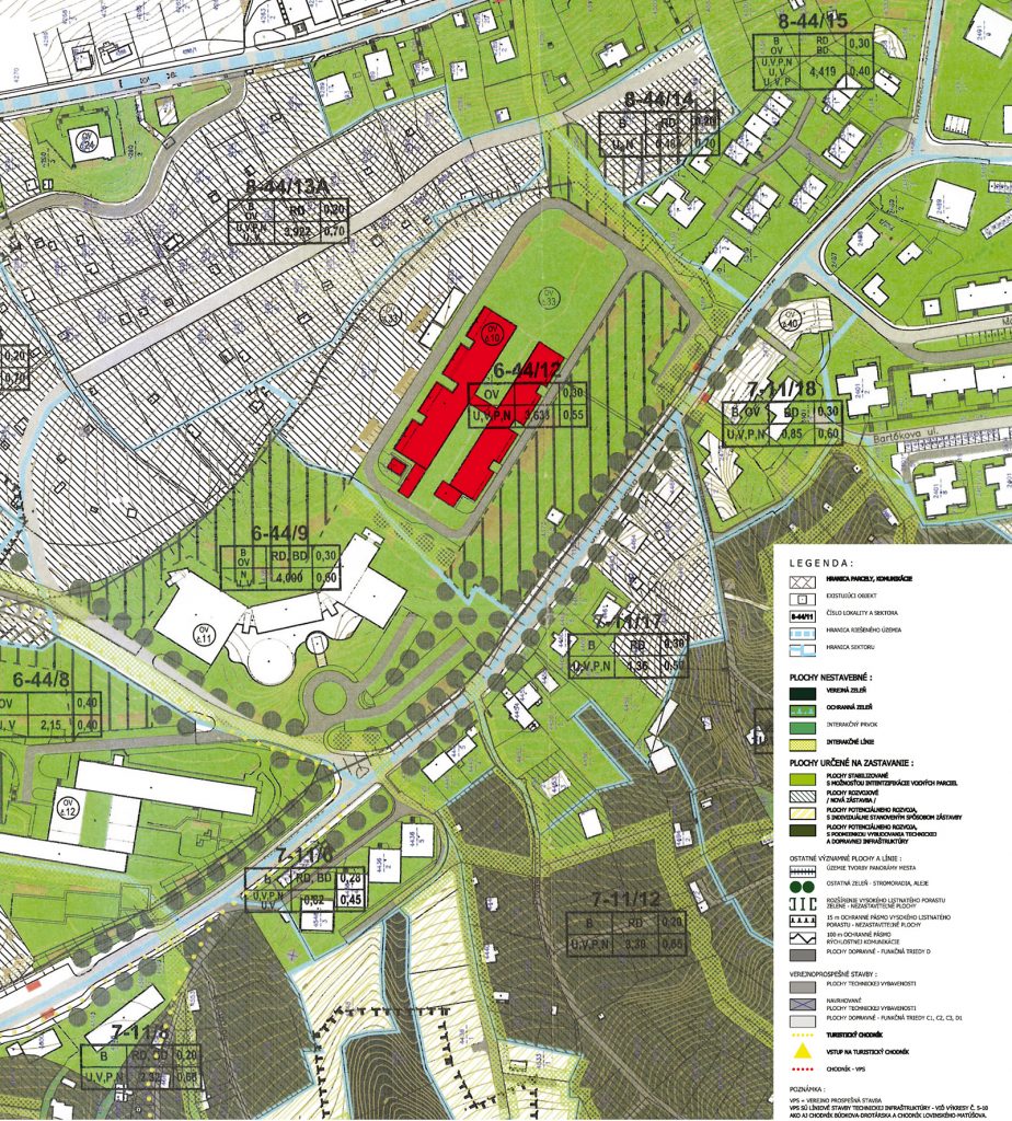 Územný plán zóny. Budova Vysokej školy výtvarných umení je označená číslom 6-44/12 (vyznačená červenou farbou).