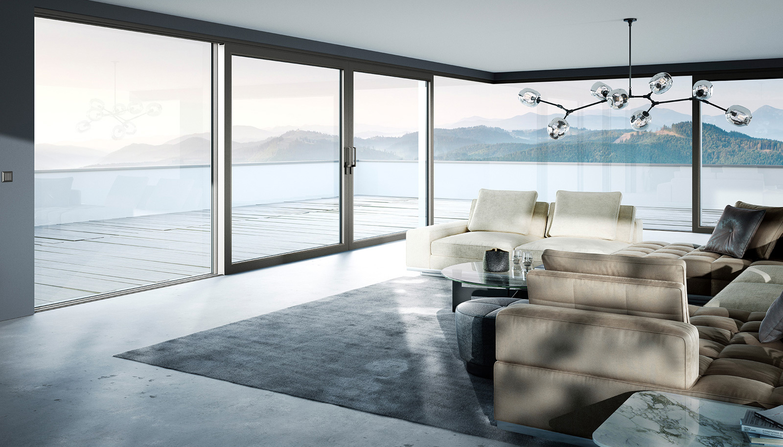 90-stupňové rohové riešenie s celoskleneným rohom zdvižno-posuvného systému heroal S 77 SL vo farebnom odtieni Les Couleurs® Le Corbusier 4320H gris 59 splní všetky vaše požiadavky na vyššiu mieru priehľadnosti a zaistí dokonalú harmóniu.