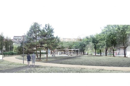 Obnova Landererovho parku v Bratislave. Súťaž 2016, realizácia 2018. Tím fbcc architecture pôvodne obsadil druhé miesto, nakoniec bol realizovaný. Vizualizácia: fbcc architecture.