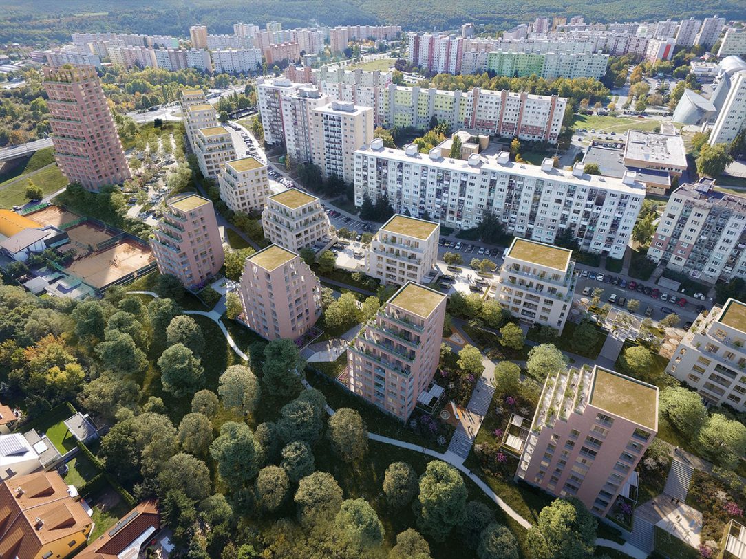 Vallo Sadovsky Architects terasovité bytové domy pozdĺž lineárneho parku