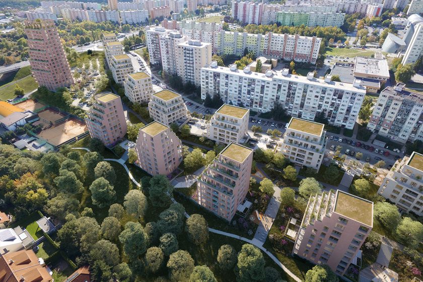 Vallo Sadovsky Architects terasovité bytové domy pozdĺž lineárneho parku