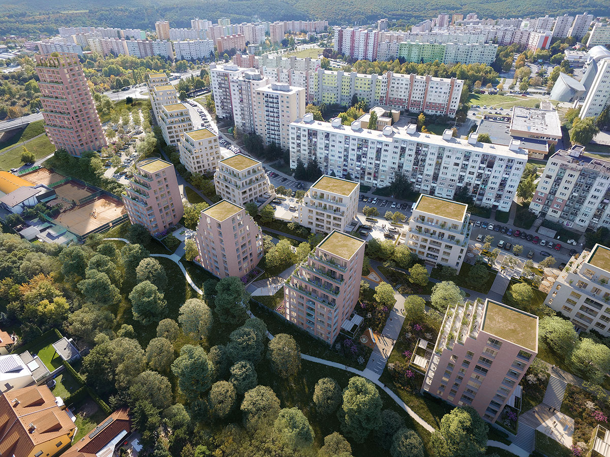 Vallo Sadovsky Architects terasovité bytové domy pozdĺž lineárneho parku