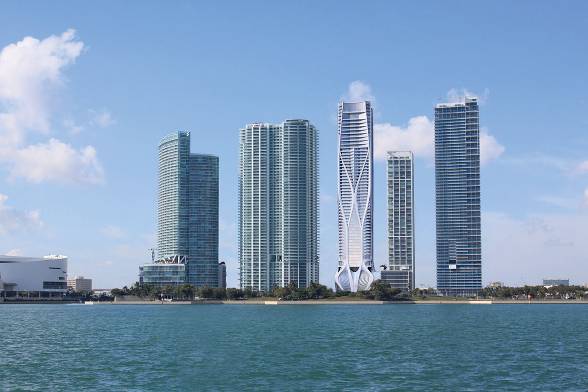 One Thousand Museum, Miami, USA, 2012 – 2019
Inovatívny architektonický projekt navrhovala ešte Zaha Hadid a v súčasnosti je tesne pred dokončením. 62-poschodová veža je prvou rezidenčnou vežou Zahy Hadid v Spojených štátoch a s výškou 216 m je štvrtou najvyššou budovou v Miami.
Vizualizácia: Zaha Hadid Architects