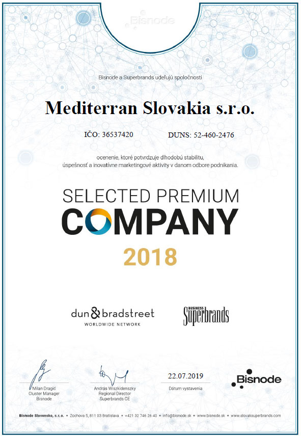 Spoločnosť Mediterran Slovakia s.r.o. získala za rok 2018 certifikát Bisnode Selected Premium Company