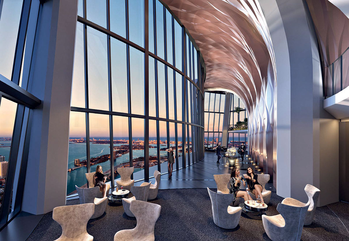 Sky lounge na najvyšších poschodiach mrakodrapu (vizualizácia).