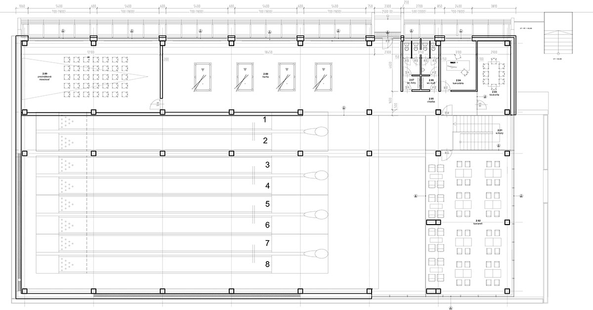 Pôdorys 2. NP – Petržalské bowlingové centrum.