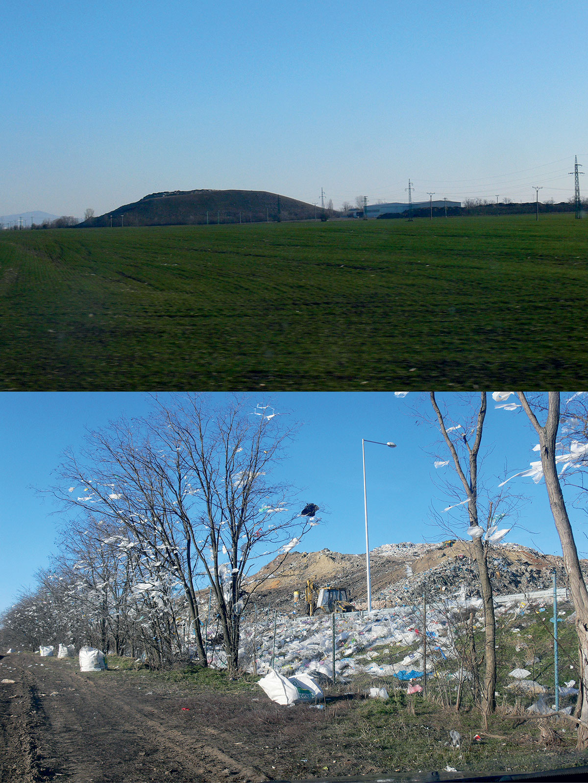 Obr. 1 Smetisko pri Trnave (jediný kopec v jej okolí). Vrchná fotografia zachytáva pohľad z mesta, zemou zahrnutý „krásny zelený kopec“. Spodná fotografia zachytáva „odvrátenú“ stranu kopca, kde sa vyvážajú smeti – trnavský kopec stále rýchlo rastie. (zdroj: autor, 23. 2. 2019, 48°23'13.2"N 17°38'10.4"E)