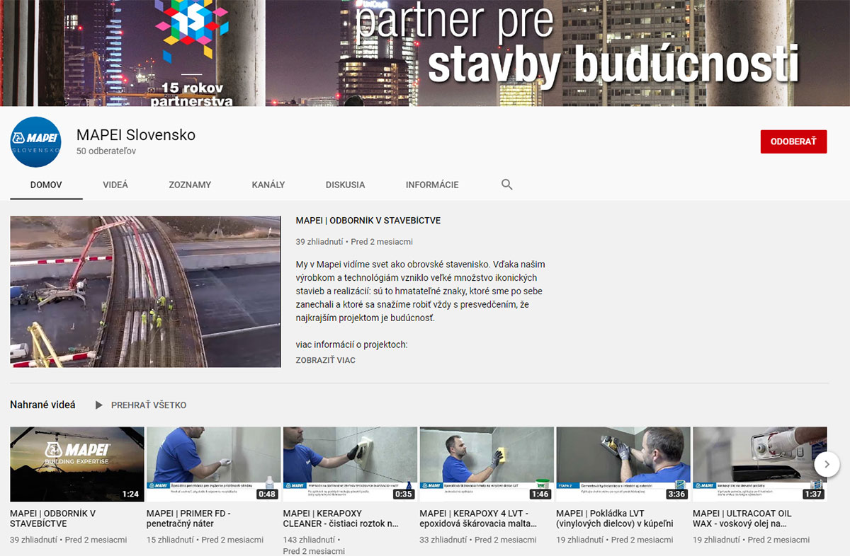 YouTube kanálu Mapei Slovensko
