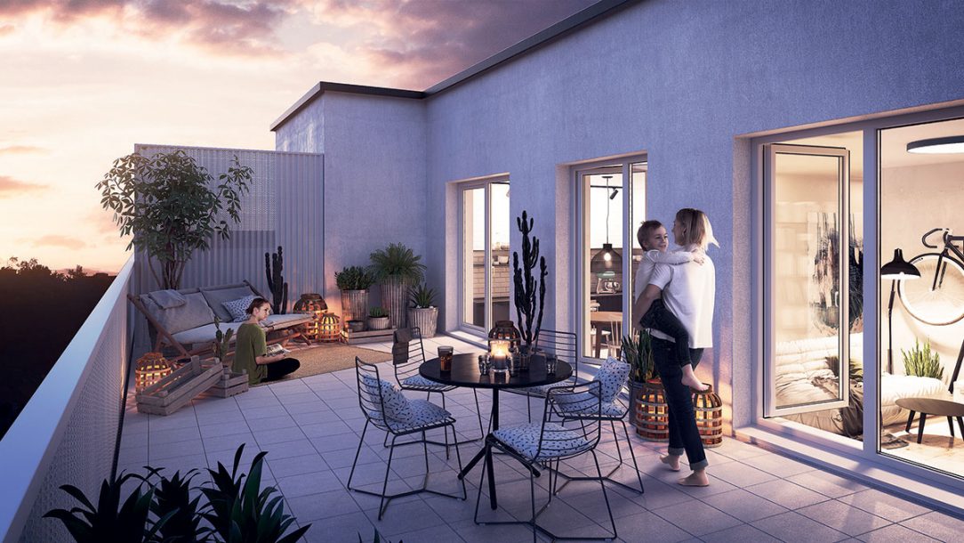 Vizualizácia interiéru a terasy v mezonetovom byte – balkón či terasa bude súčasťou každého bytu