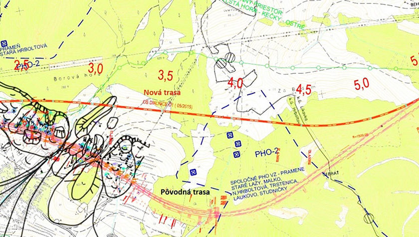 Obr. 3 Situácia pôvodnej a novej trasy diaľnice v km 1,0 – 6,0 vrátane tunela Čebrať