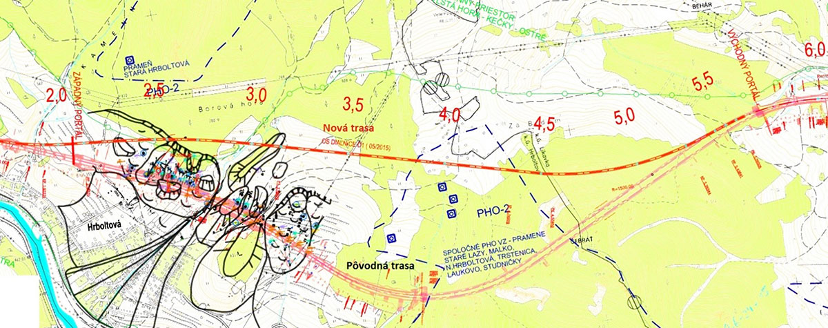 Obr. 3 Situácia pôvodnej a novej trasy diaľnice v km 1,0 – 6,0 vrátane tunela Čebrať 