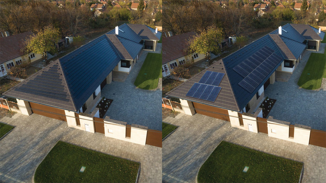 Na obrázku je uvedené porovnanie štandardných solárnych modulov a výrobku Terran Generon. Škridla so solárnymi článkami sa dá úplne zapustiť do roviny strechy tým vôbec neruší vzhľad okolia.