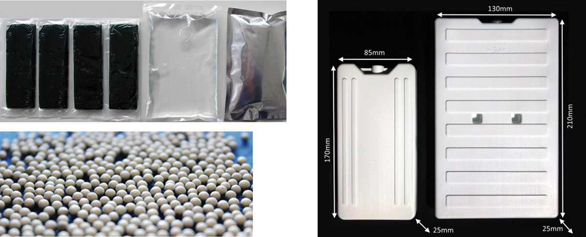 Obr. 1 Dostupné varianty PCM – vrecká [2], mikrokapsuly [1], plastové alebo kovové kazety [2]