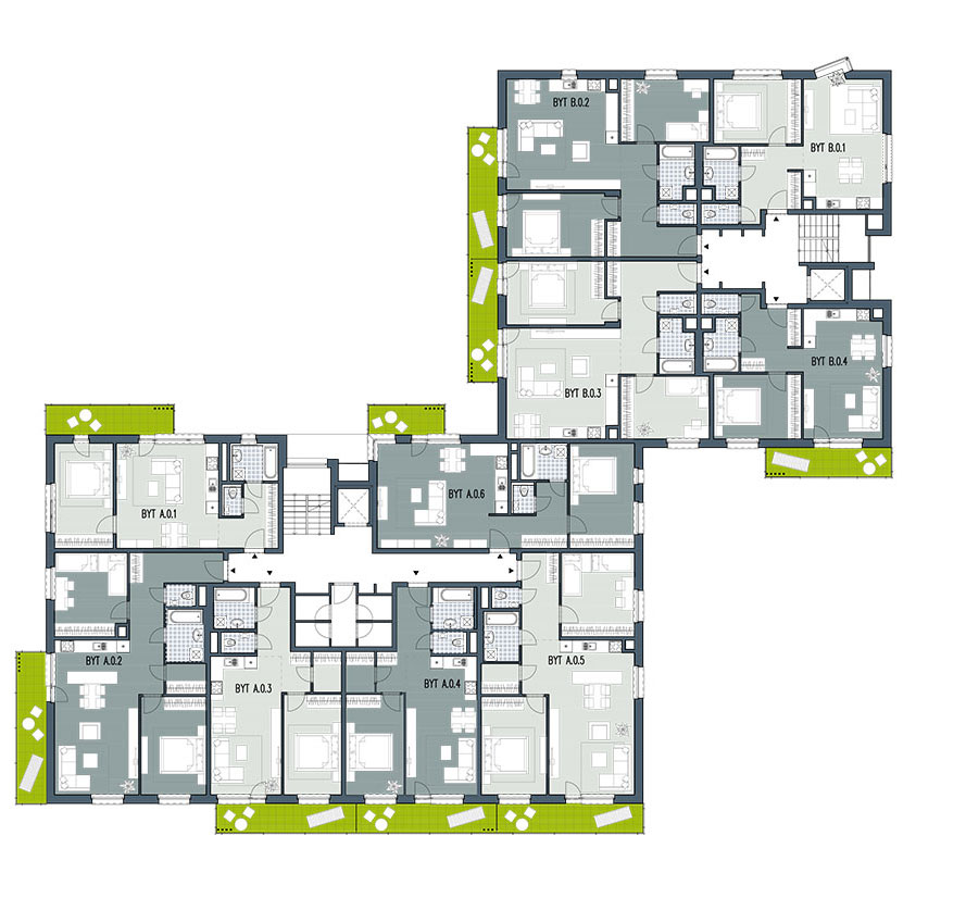 Pôdorys 1. NP – objekt 01, vchod A, B.