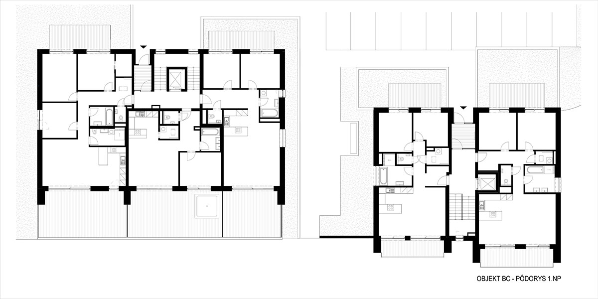 Pôdorys 1. NP – objekt B a C.