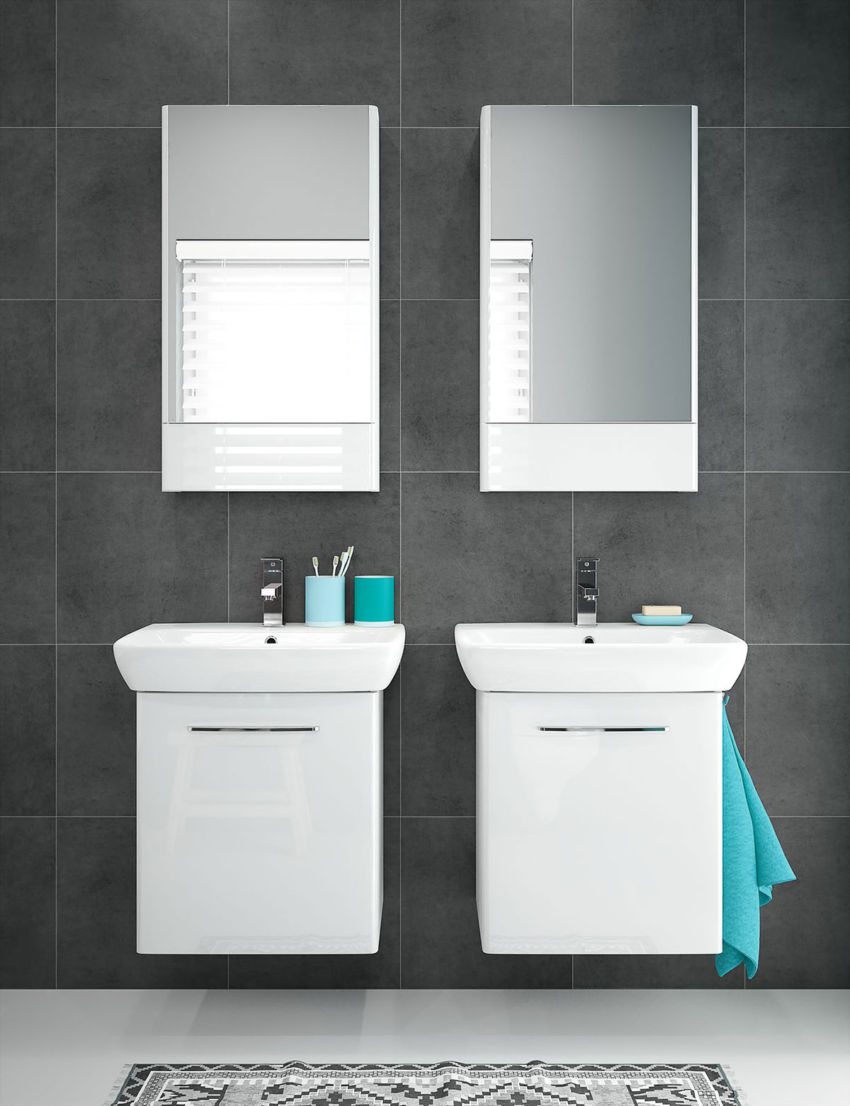 Umývadlá umývadlové skrinky a zrkadlové skrinky z kúpeľňového radu Geberit Selnova Square