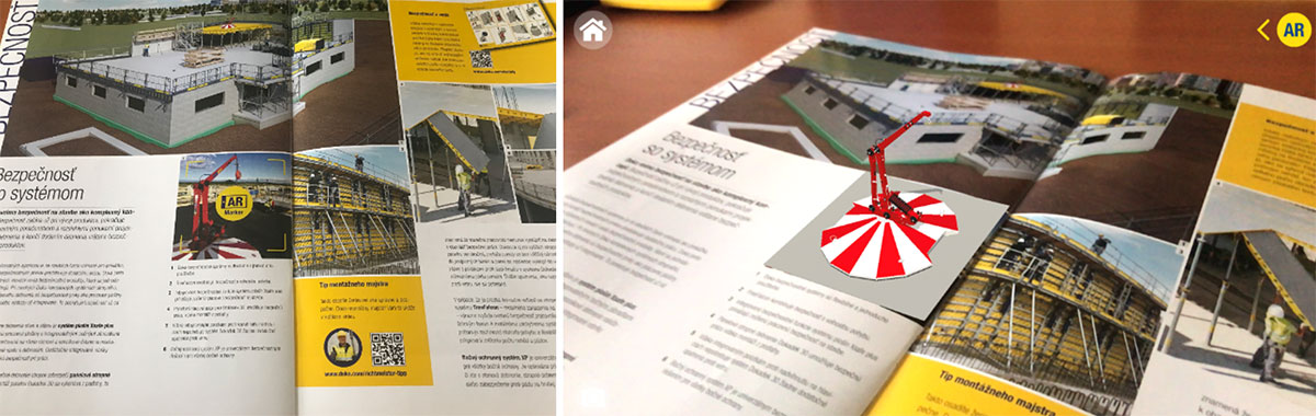 Vľavo – v časopise Doka Xpress fotka, na ktorej je AR marker. Vpravo – načítanie AR markera cez aplikáciu Doka AR-VR pomocou mobilu, ukáže sa produkt v 3D zobrazení.