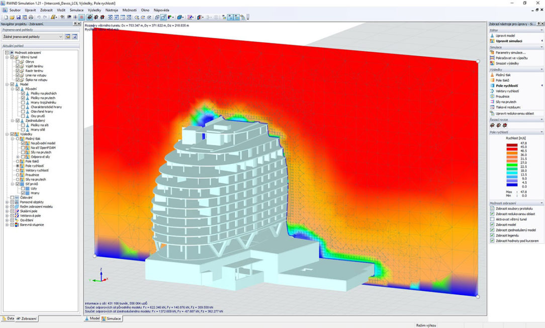 Zobrazení pole rychlostí na 3D modelu budovy