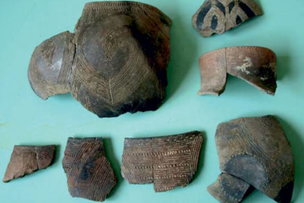 Časti keramických nádob nájdených v lokalite Veľký Šariš Terasa nad potokom Dzikov