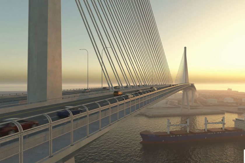 Dizajnové znázornenie mosta Harbour Bridge v Corpus Christi na pobreží Texaského zálivu, ktorý sa v súčasnosti stavia s predpokladanou životnosťou diela 170 rokov.