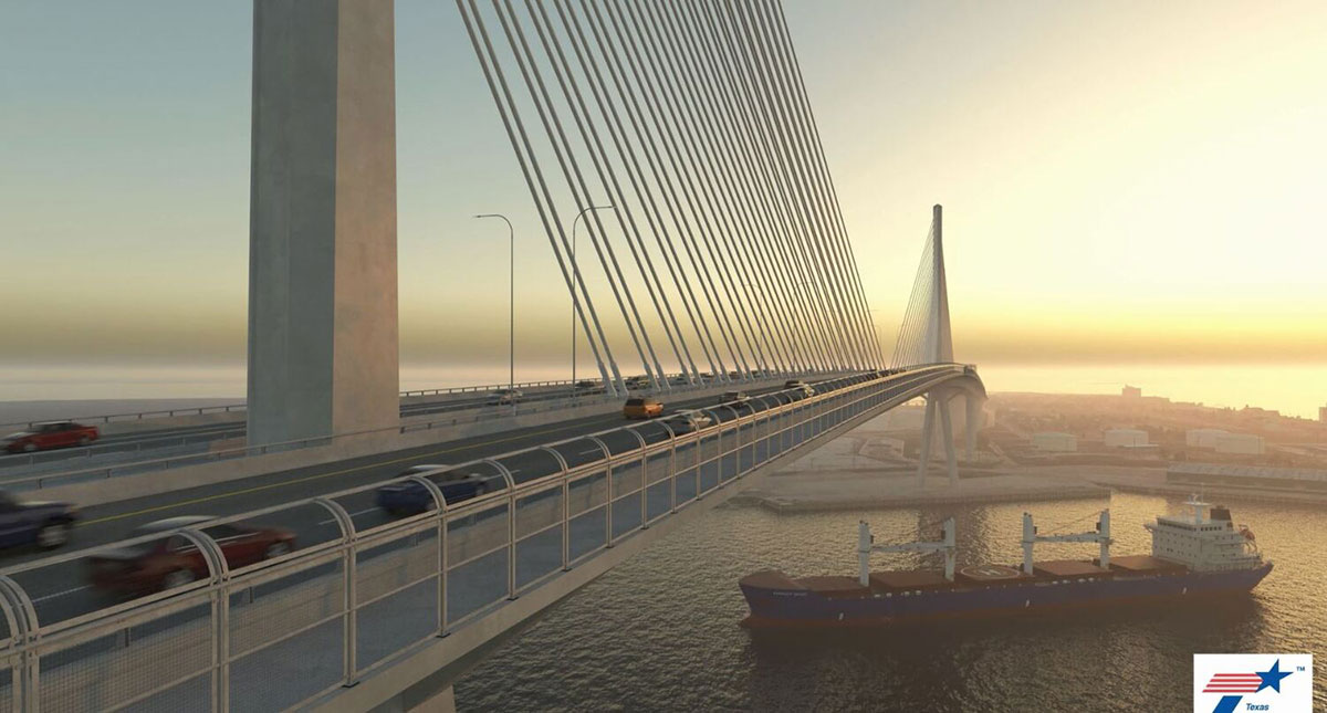Dizajnové znázornenie mosta Harbour Bridge v Corpus Christi na pobreží Texaského zálivu, ktorý sa v súčasnosti stavia s predpokladanou životnosťou diela 170 rokov.