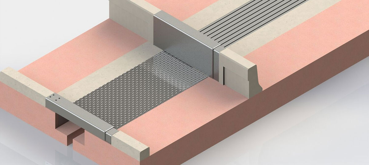 Detail z konštrukčného znázornenia mostného záveru TENSA® MODULAR, zobrazujúci prekrytie chodníka pre chodcov/cyklistov  a krycie plechy bariéry