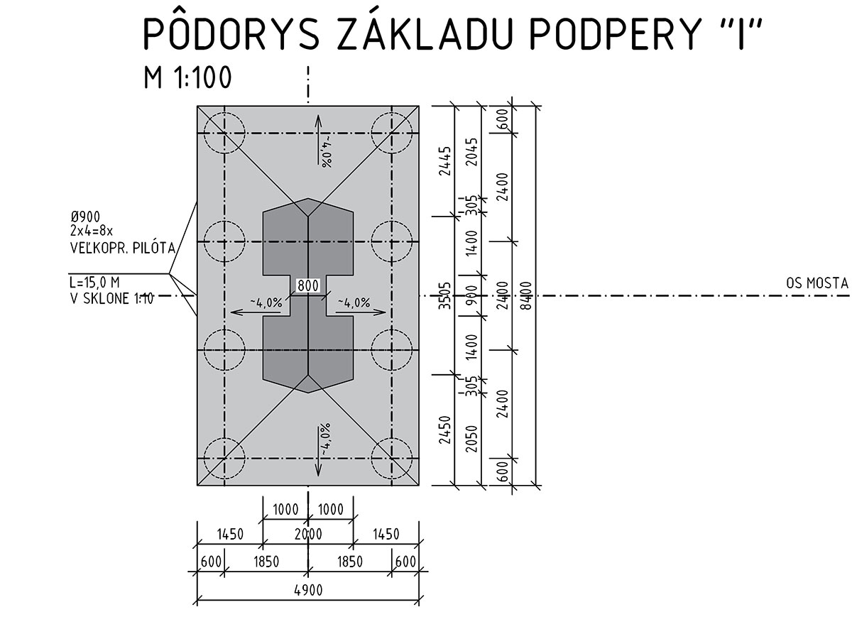 Obr. 5 Tvar podpery - vľavo rez podperou, vpravo pôdorys základu podpery