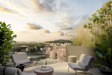 64 bytov s panoramatickými výhľadmi na mesto a Alpy sa vyznačuje väčšou svetlou výškou a štandardom vnútorného vybavenia.