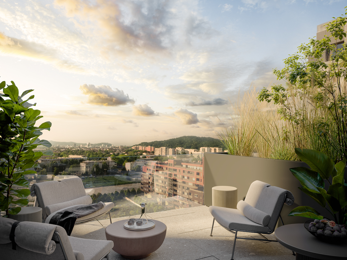 64 bytov s panoramatickými výhľadmi na mesto a Alpy sa vyznačuje väčšou svetlou výškou a štandardom vnútorného vybavenia.