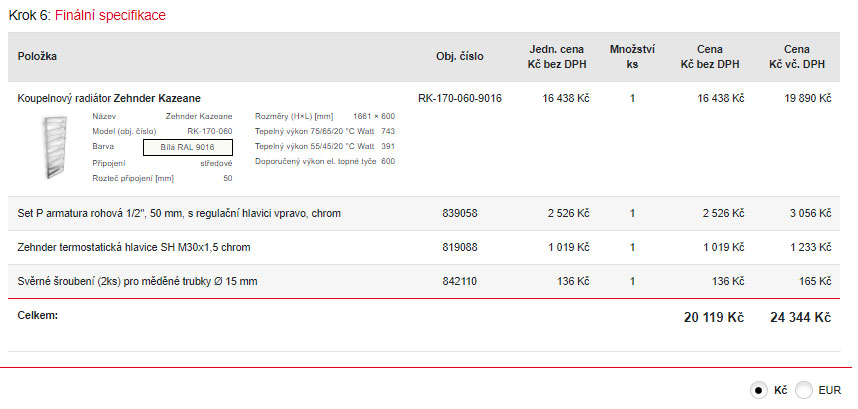 V poslednom 6. kroku sa vám zobrazí finálna špecifikácia nakonfigurovaného radiátora, ktorú si môžete stiahnuť v exceli alebo odoslať e-mailom.