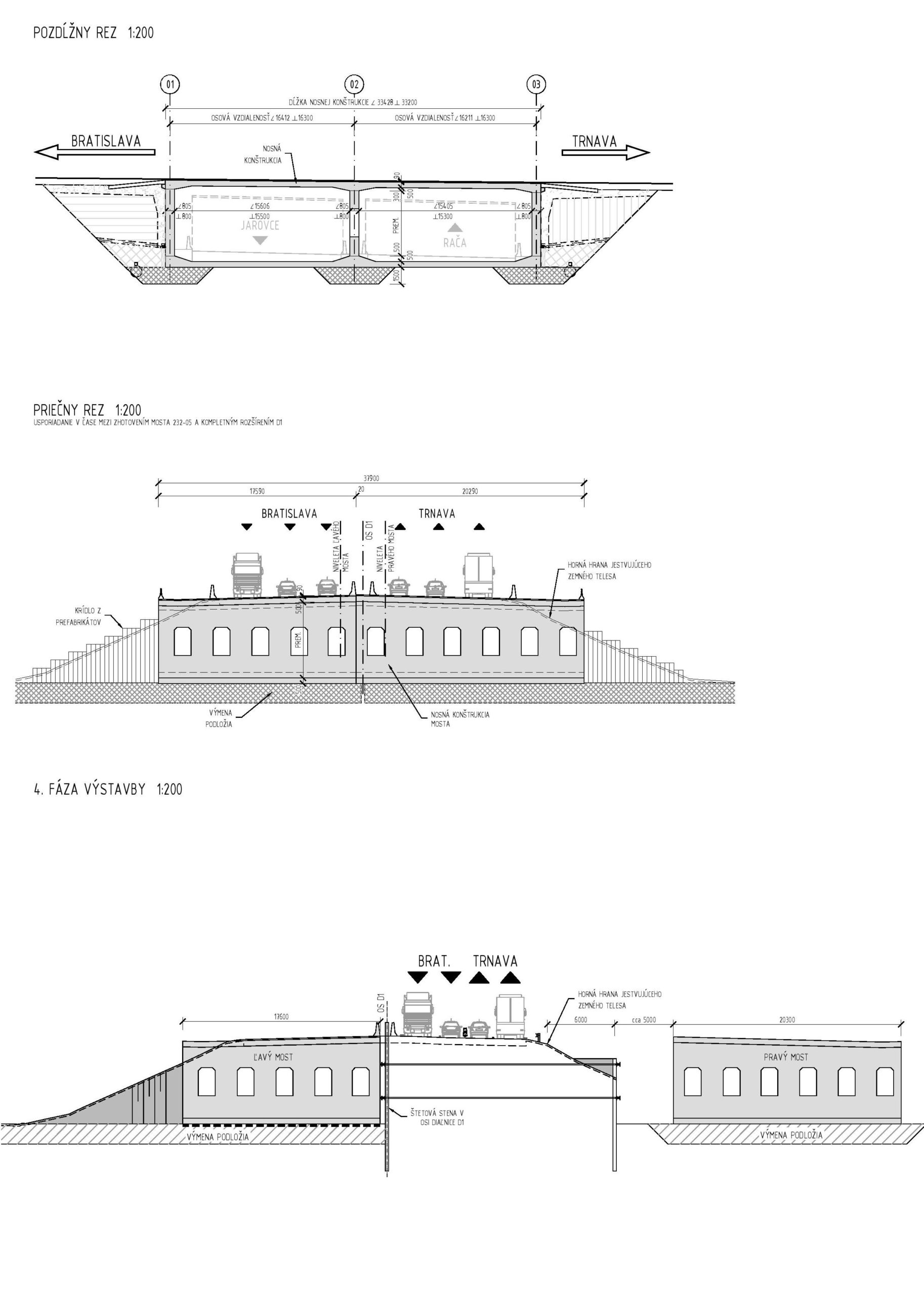 Pozdĺžny rez (v strede), priečny rez (hore), jedna z projektovaných fáz výstavby (dole).