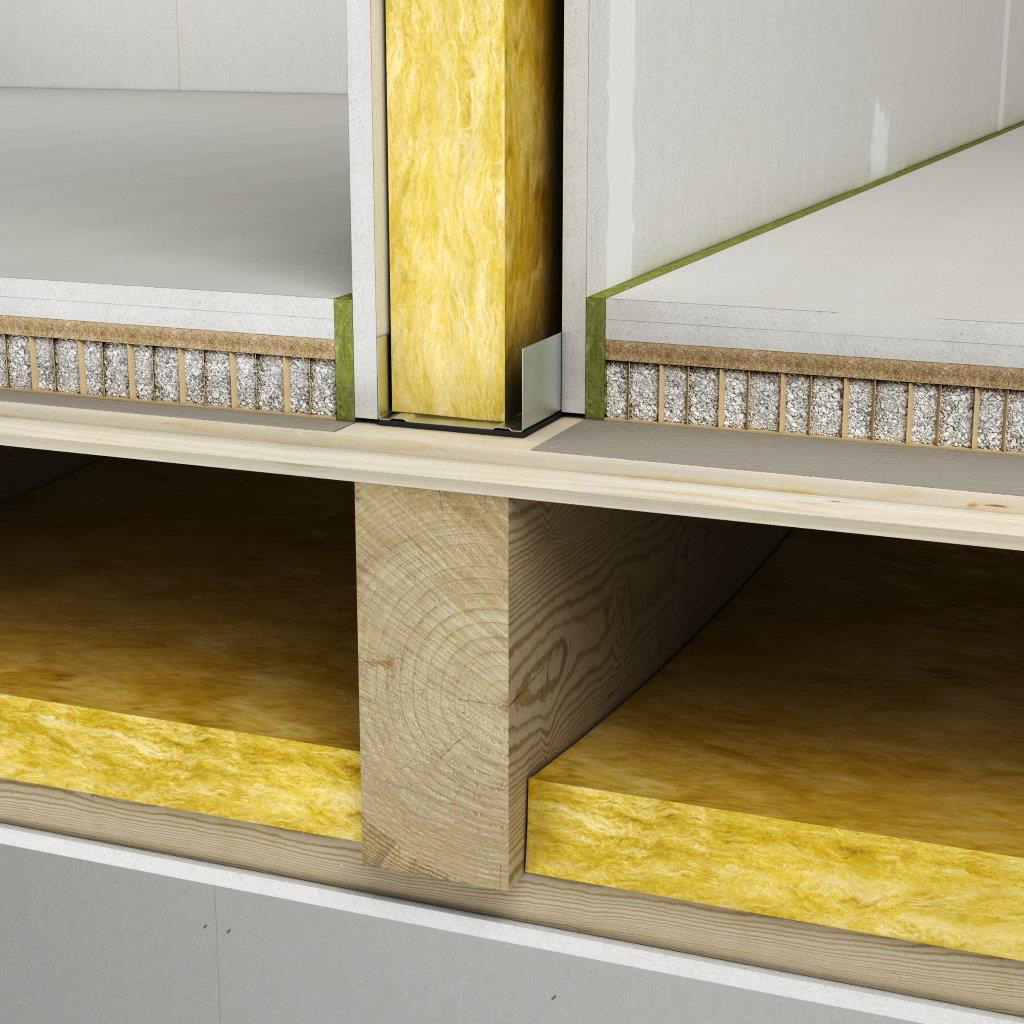 Detail zhotovenia podhľadu na drevenom trámovom strope v kombinácii so sadrovláknitými podlahovými doskami s nakašírovanou drevovláknitou izoláciou na strope, ktoré sa ukladajú na voštinový systém.